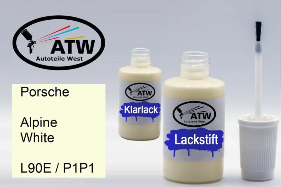 Porsche, Alpine White, L90E / P1P1: 20ml Lackstift + 20ml Klarlack - Set, von ATW Autoteile West.
